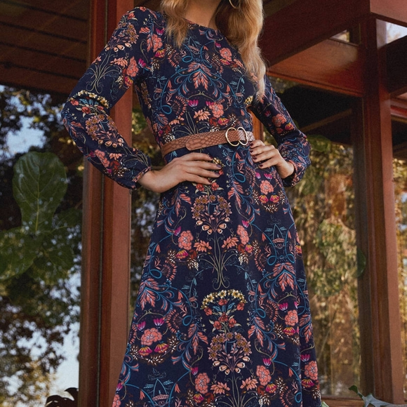 Long Sleeve Navy Floral Midi Dress by I.Madeline - Picture 3 of 5